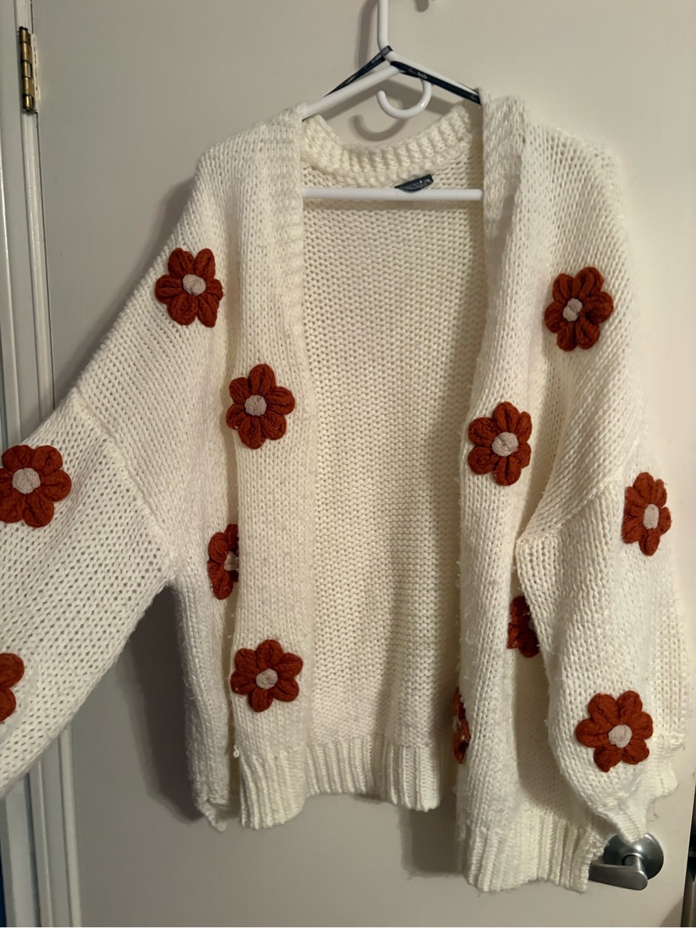 ARULA Cream Open-Front Cardigan with Rust Floral Appliqués